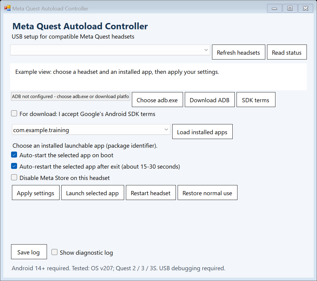 Meta Quest Autoload Controller showing headset and app selection, auto-start, auto-restart and restore controls with an example application.