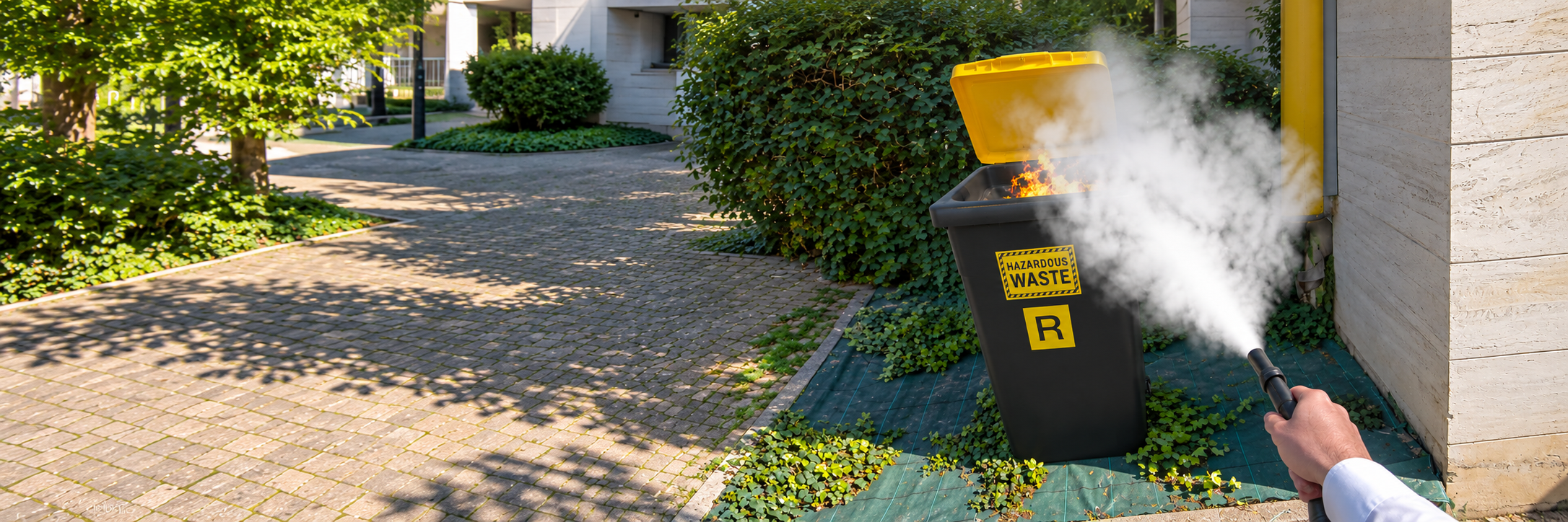 An edited panoramic visual of a mixed reality fire-response experience, with an extinguisher spray directed towards a virtual fire in a real courtyard.